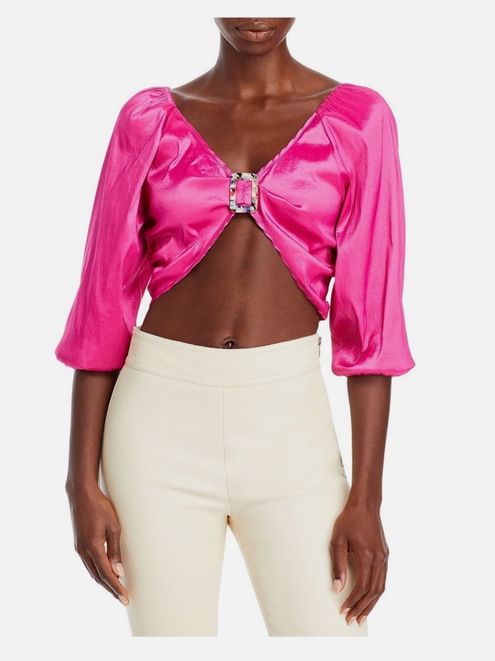 Hosbjerg Elora Buckle Top - Satin Hot Pink Crop Top with Center Buckle